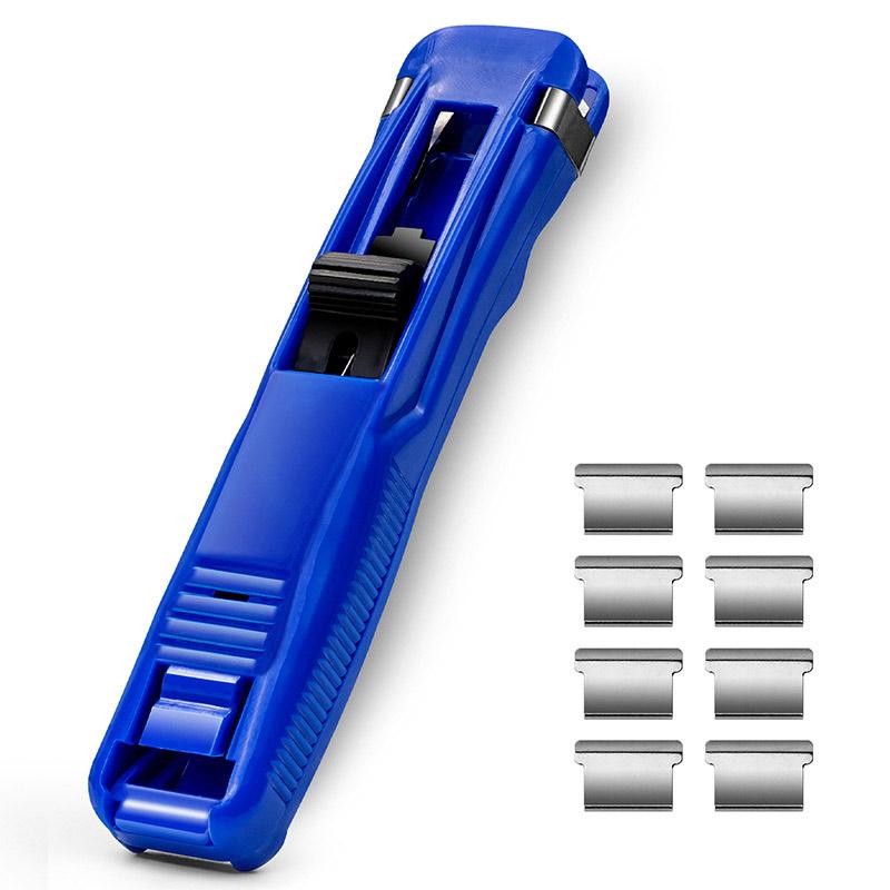 "Kompakt klippautomat i blå och vit färg, ergonomisk design med anti-skid funktion för kontor och hem."