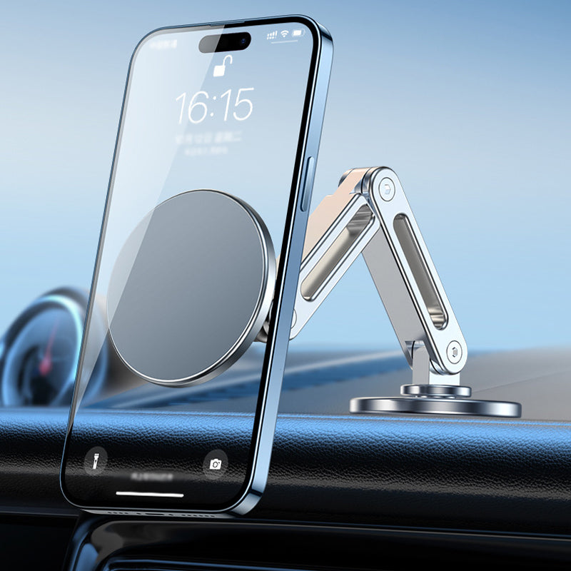 "Kompakt magnetisk telefonhållare med 360° rotation, svart och silver design, idealisk för bekväm bilkörning."