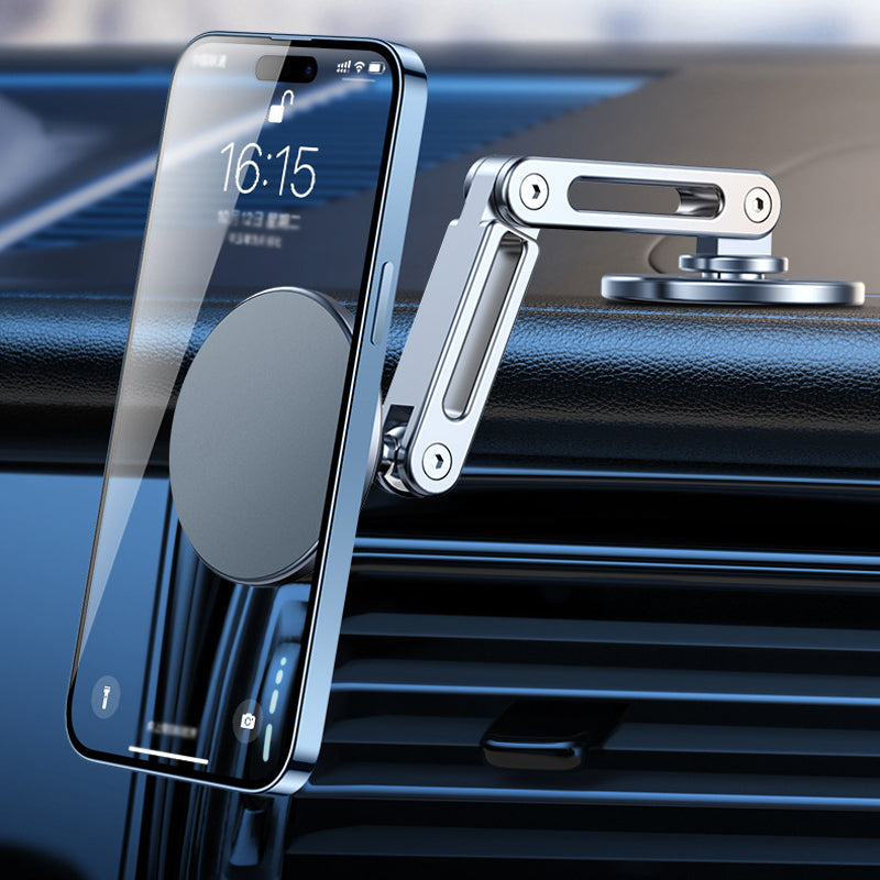 "Kompakt magnetisk telefonhållare med 360° rotation, svart och silver design, idealisk för bekväm bilkörning."