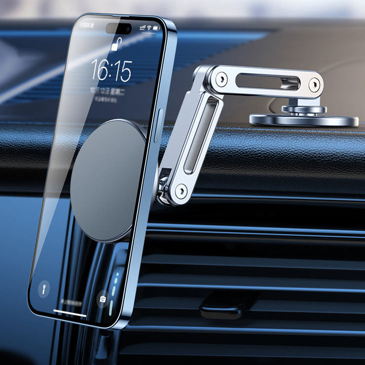 "Kompakt magnetisk telefonhållare med 360° rotation, svart och silver design, idealisk för bekväm bilkörning."