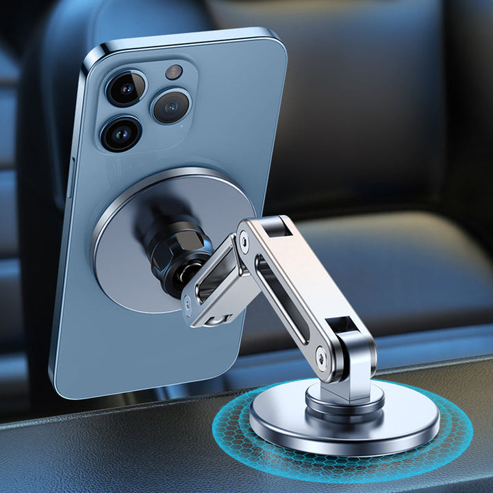 "Kompakt magnetisk telefonhållare med 360° rotation, svart och silver design, idealisk för bekväm bilkörning."