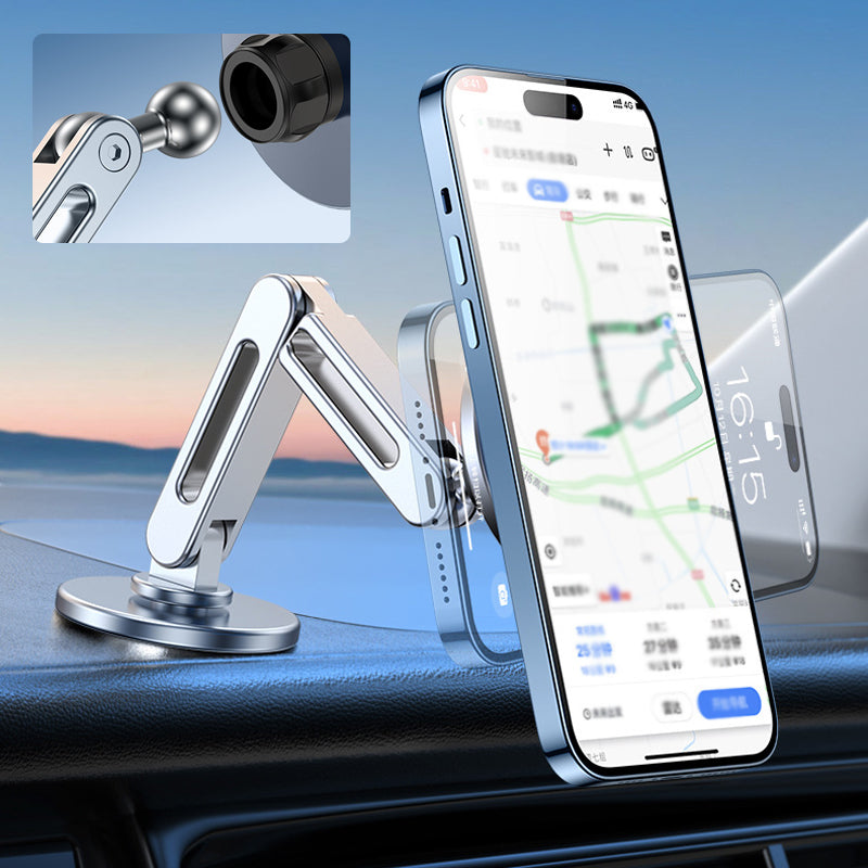 "Kompakt magnetisk telefonhållare med 360° rotation, svart och silver design, idealisk för bekväm bilkörning."