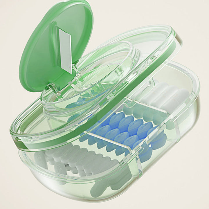 Kompakt medicingurkkärna med 3 fack i grön, blå och vit, ergonomisk design för enkel förvaring av piller.