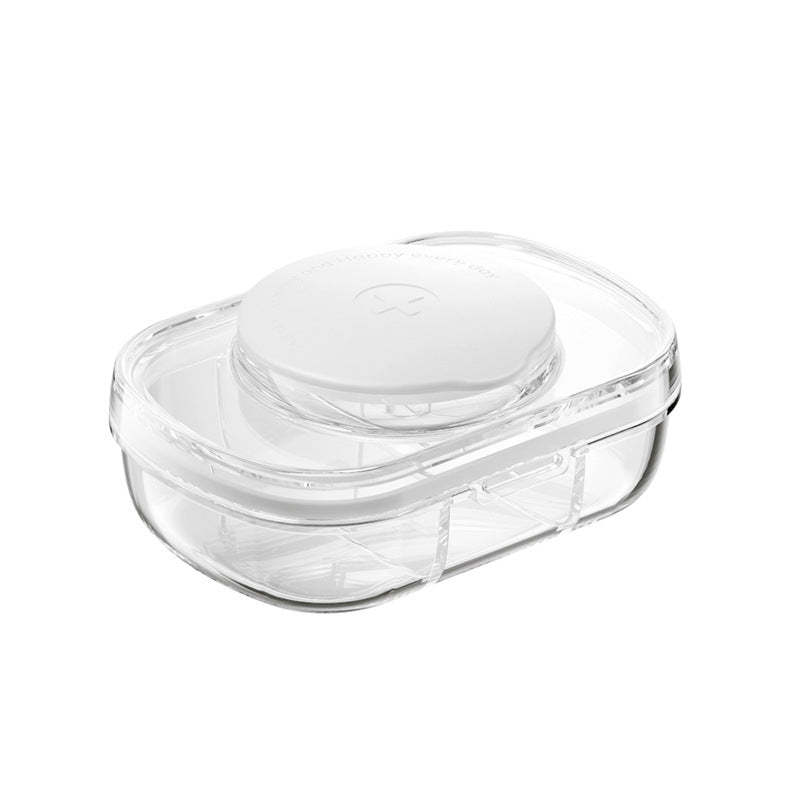 Kompakt medicingurkkärna med 3 fack i grön, blå och vit, ergonomisk design för enkel förvaring av piller.