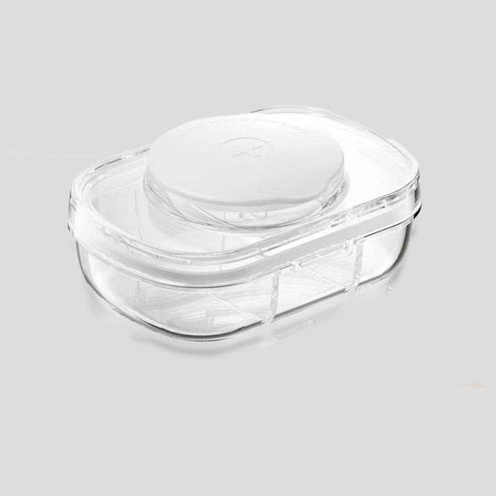 Kompakt medicingurkkärna med 3 fack i grön, blå och vit, ergonomisk design för enkel förvaring av piller.