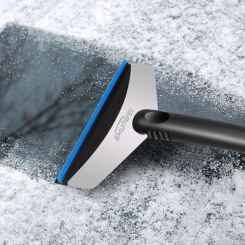"Kompakt mini snöskyffel för bil, ergonomisk design, skyddar glas från repor. Perfekt för enkel snöröjning."