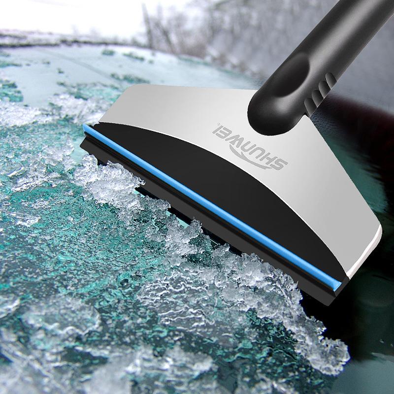 "Kompakt mini snöskyffel för bil, ergonomisk design, skyddar glas från repor. Perfekt för enkel snöröjning."