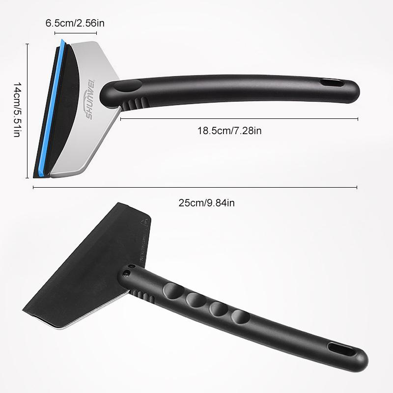 "Kompakt mini snöskyffel för bil, ergonomisk design, skyddar glas från repor. Perfekt för enkel snöröjning."