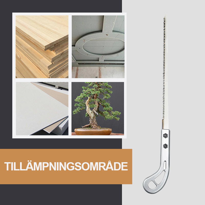 "Kompakt mini träsåg för trädgårdsarbete, silverfärgad med SK manganstålsblad, längd 360 mm, för precis beskärning."