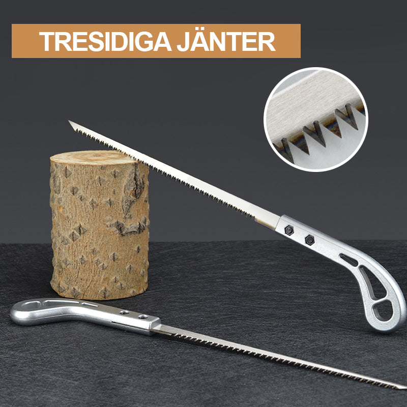 "Kompakt mini träsåg för trädgårdsarbete, silverfärgad med SK manganstålsblad, längd 360 mm, för precis beskärning."
