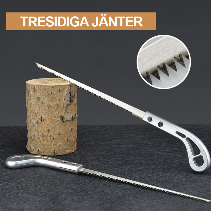 "Kompakt mini träsåg för trädgårdsarbete, silverfärgad med SK manganstålsblad, längd 360 mm, för precis beskärning."