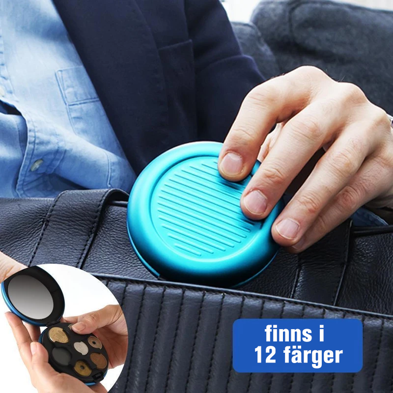 "Kompakt myntdispenser i aluminium, rund form, hållbar och lätt, för smidig myntorganisation, elegant och mångfärgad."