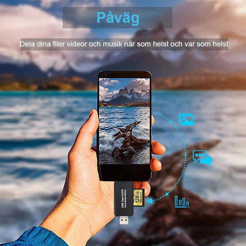 "Kompakt och elegant kortläsare för Android med OTG-funktion, stödjer SD/micro SD-kort för enkel filhantering."