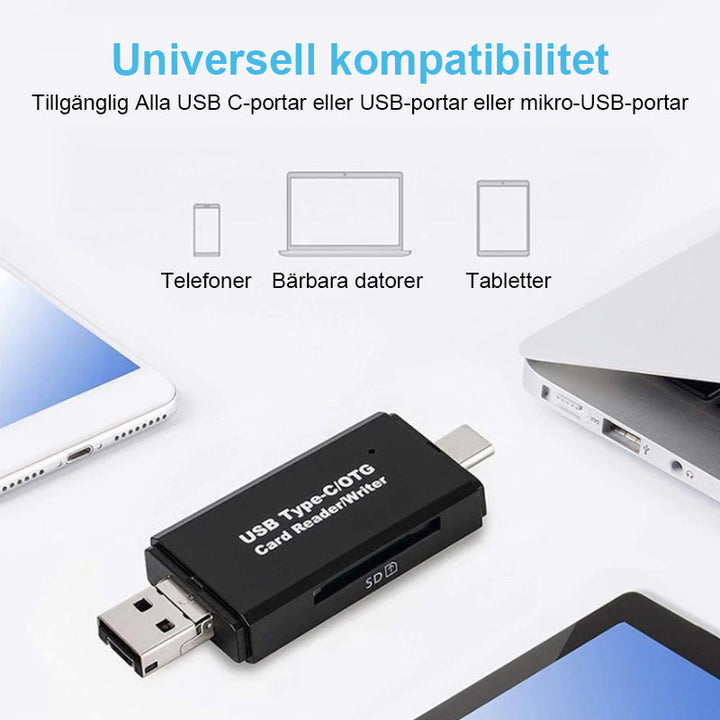 "Kompakt och elegant kortläsare för Android med OTG-funktion, stödjer SD/micro SD-kort för enkel filhantering."