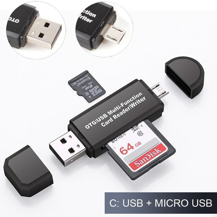 "Kompakt och elegant kortläsare för Android med OTG-funktion, stödjer SD/micro SD-kort för enkel filhantering."