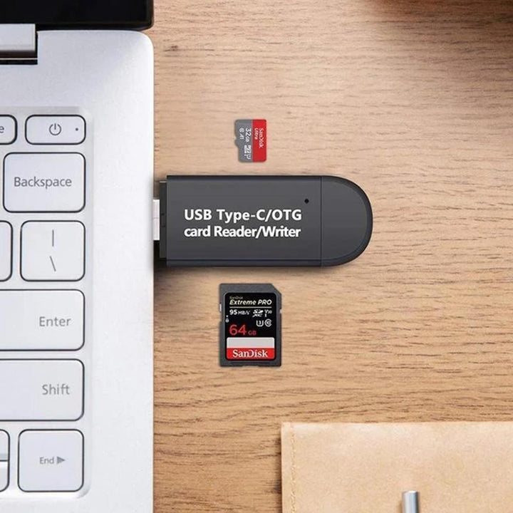 "Kompakt och elegant kortläsare för Android med OTG-funktion, stödjer SD/micro SD-kort för enkel filhantering."
