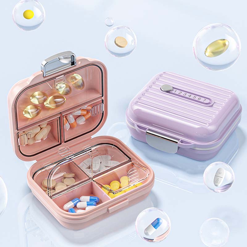 "Kompakt pillerburk med sju fack, rosa nyans, idealisk för moderna kvinnor, skyddar medicin mot fukt och damm."