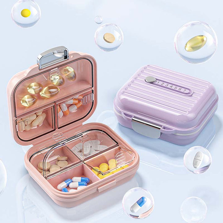 "Kompakt pillerburk med sju fack, rosa nyans, idealisk för moderna kvinnor, skyddar medicin mot fukt och damm."