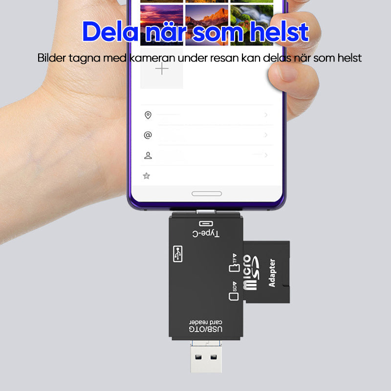 "Kompakt portabel kortläsare i vit och svart för snabb dataöverföring, idealisk för dator och mobil."