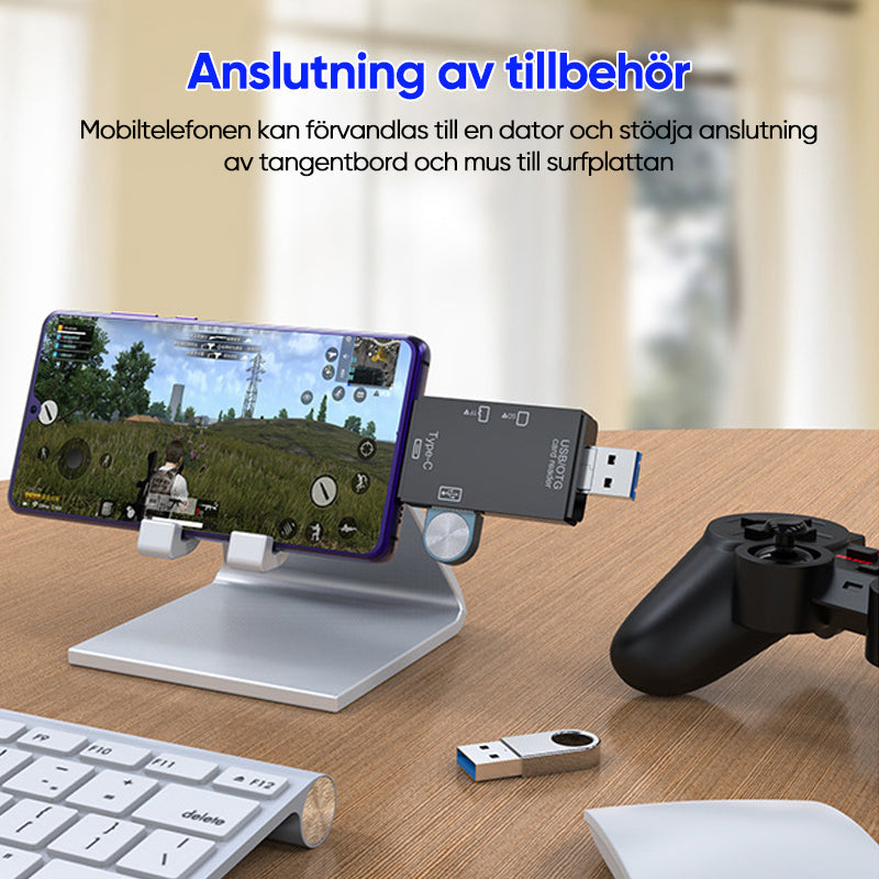"Kompakt portabel kortläsare i vit och svart för snabb dataöverföring, idealisk för dator och mobil."
