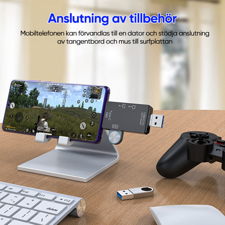 "Kompakt portabel kortläsare i vit och svart för snabb dataöverföring, idealisk för dator och mobil."