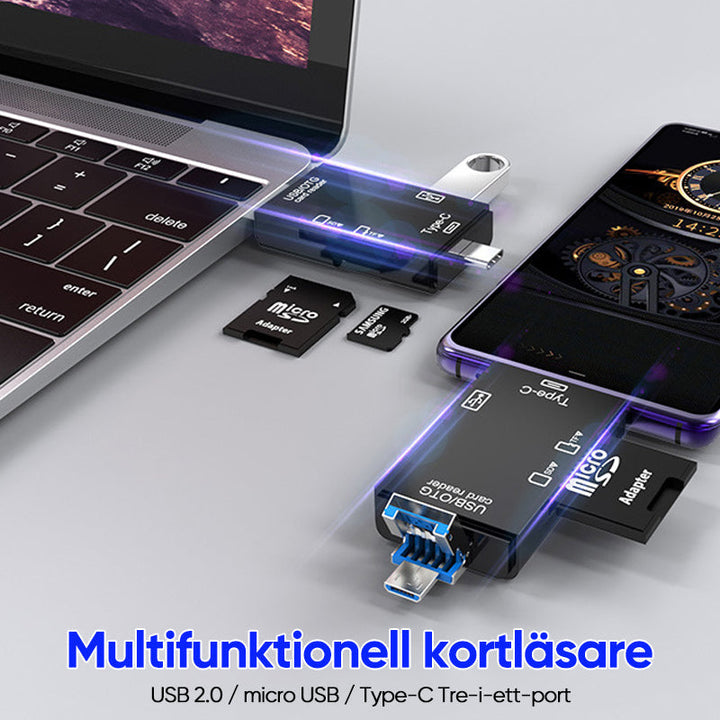 "Kompakt portabel kortläsare i vit och svart för snabb dataöverföring, idealisk för dator och mobil."