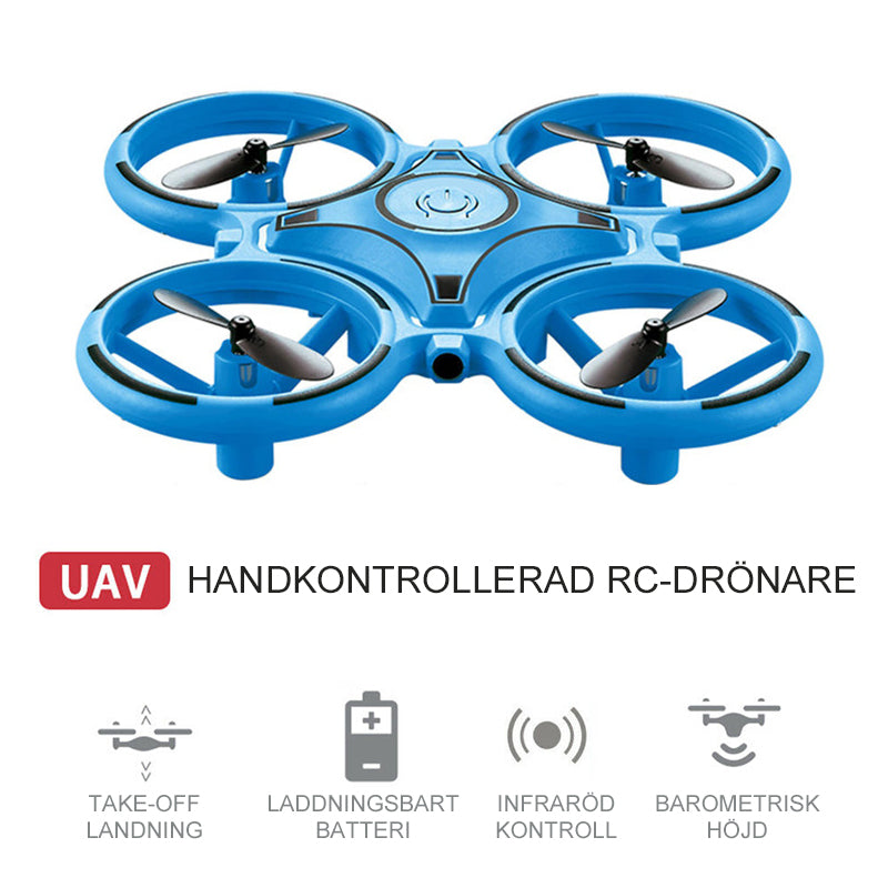 "Kompakt RC Nano Quadcopter med gravitationssensor, färgglada LED-ljus och lättanvända kontroller för barn."