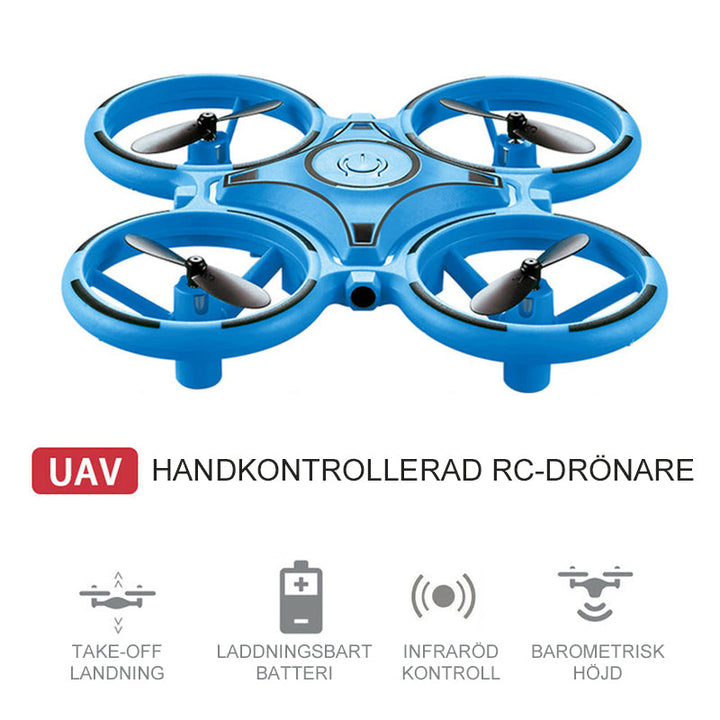 "Kompakt RC Nano Quadcopter med gravitationssensor, färgglada LED-ljus och lättanvända kontroller för barn."