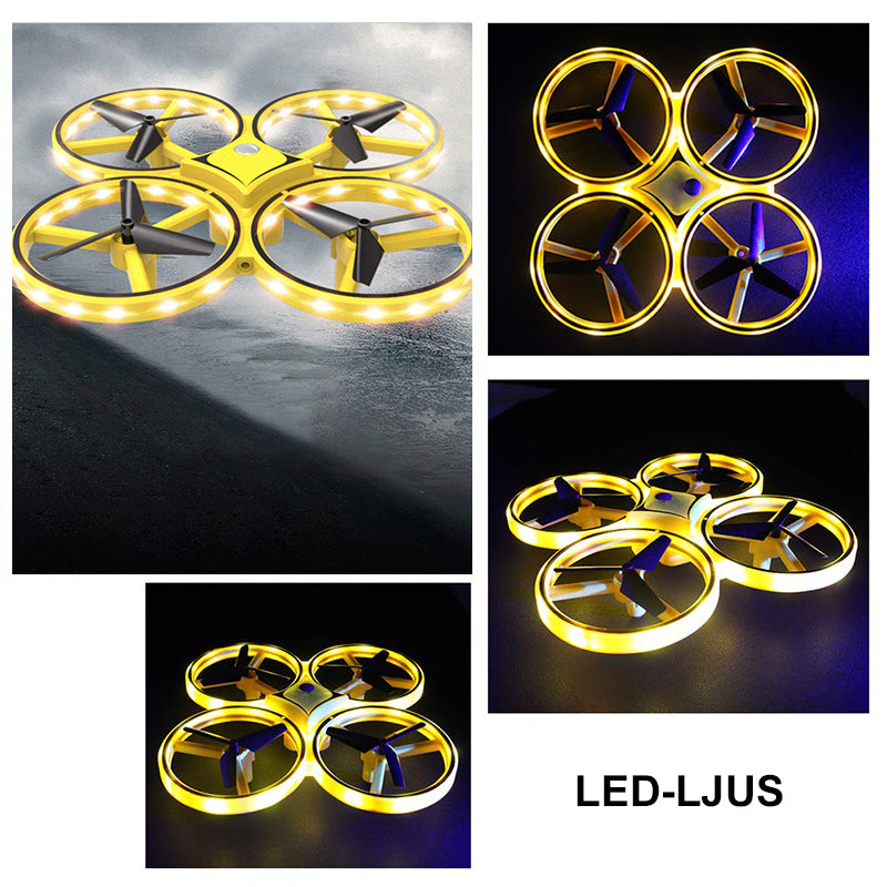 "Kompakt RC Nano Quadcopter med gravitationssensor, färgglada LED-ljus och lättanvända kontroller för barn."