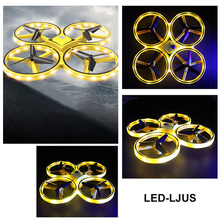 "Kompakt RC Nano Quadcopter med gravitationssensor, färgglada LED-ljus och lättanvända kontroller för barn."