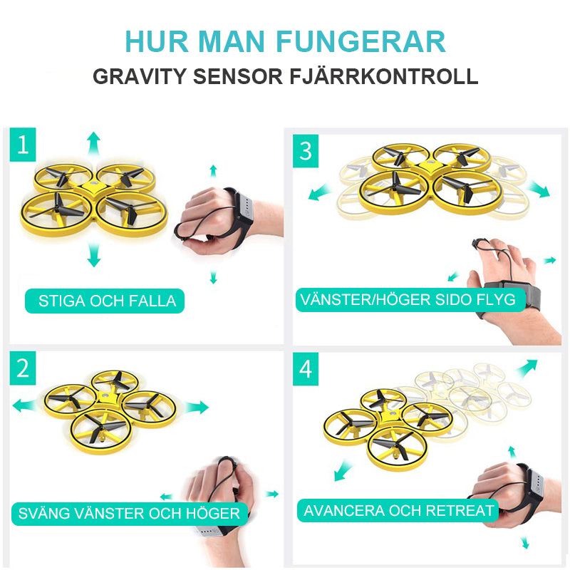 "Kompakt RC Nano Quadcopter med gravitationssensor, färgglada LED-ljus och lättanvända kontroller för barn."