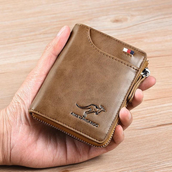 Elegant brun RFID-skyddad plånbok i syntetläder, en säkerhetsplånbok för dina värdefulla kort.