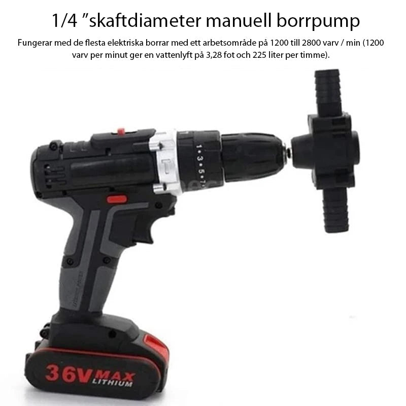 Kompakt självborrande borrmaskinpump i teknisk plast, rustfri inuti, passar de flesta borrmaskiner för hem och trädgård.