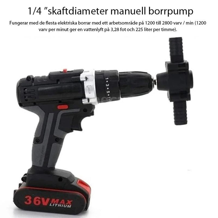 Kompakt självborrande borrmaskinpump i teknisk plast, rustfri inuti, passar de flesta borrmaskiner för hem och trädgård.