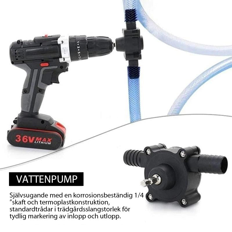 Kompakt självborrande borrmaskinpump i teknisk plast, rustfri inuti, passar de flesta borrmaskiner för hem och trädgård.