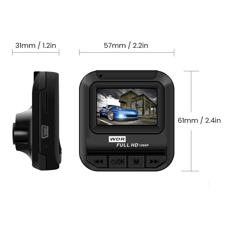 "Kompakt svart dashboard kamera med IR-sikt, loopinspelning, 360° roterbart klipp och 32GB minne, perfekt för alla äventyr."