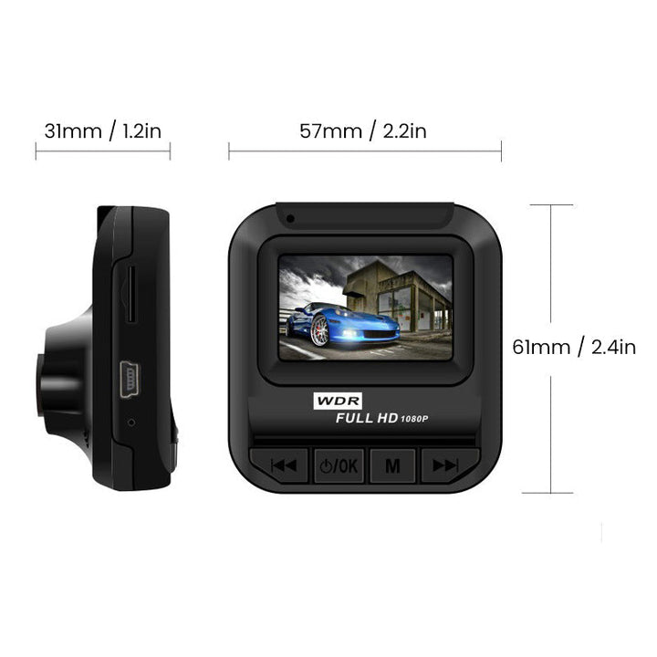 "Kompakt svart dashboard kamera med IR-sikt, loopinspelning, 360° roterbart klipp och 32GB minne, perfekt för alla äventyr."