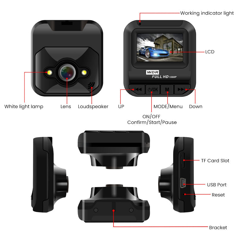 "Kompakt svart dashboard kamera med IR-sikt, loopinspelning, 360° roterbart klipp och 32GB minne, perfekt för alla äventyr."