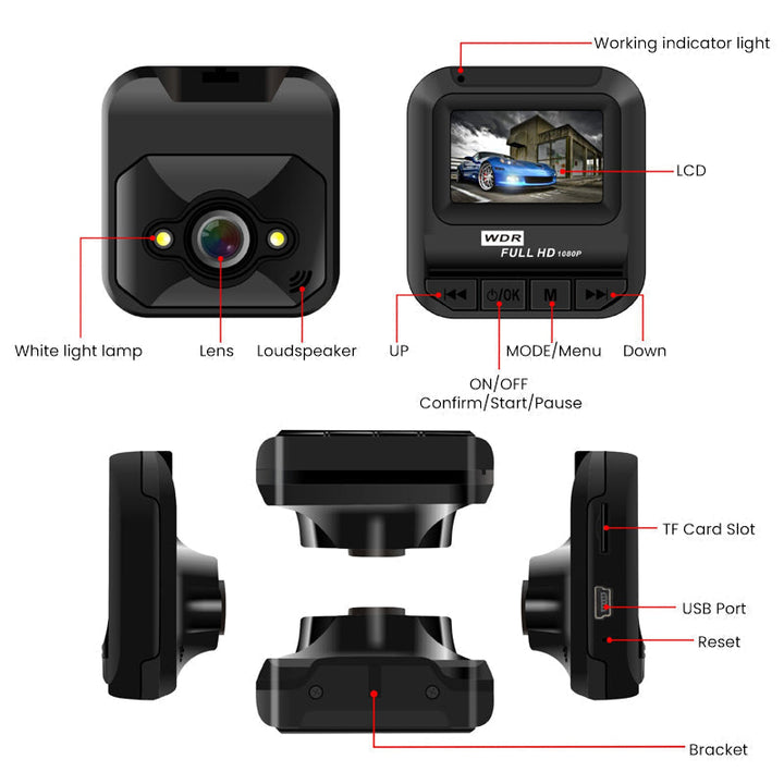 "Kompakt svart dashboard kamera med IR-sikt, loopinspelning, 360° roterbart klipp och 32GB minne, perfekt för alla äventyr."