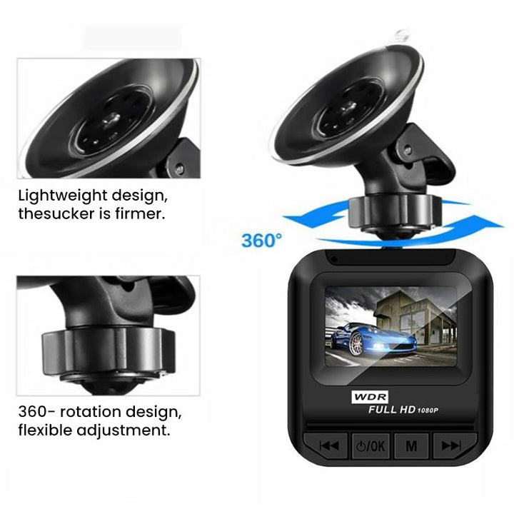 "Kompakt svart dashboard kamera med IR-sikt, loopinspelning, 360° roterbart klipp och 32GB minne, perfekt för alla äventyr."