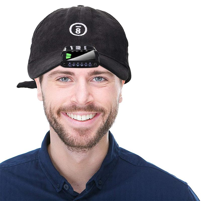 "Kompakt svart klämm-på LED-hattlampa med geststyrd teknik, justerbar vinkel och USB-laddning för handsfree belysning."