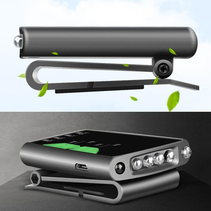 "Kompakt svart klämm-på LED-hattlampa med geststyrd teknik, justerbar vinkel och USB-laddning för handsfree belysning."