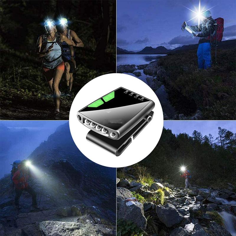 "Kompakt svart klämm-på LED-hattlampa med geststyrd teknik, justerbar vinkel och USB-laddning för handsfree belysning."