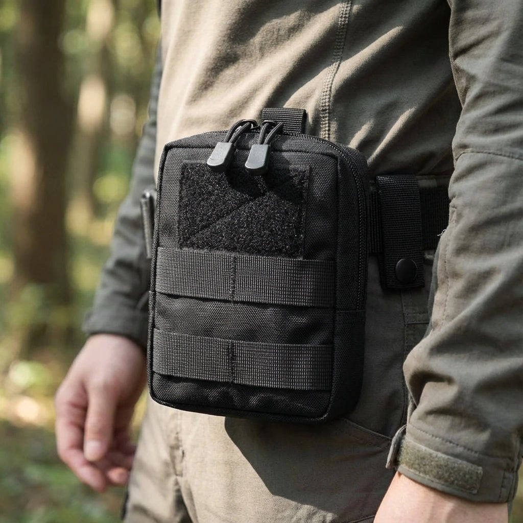 Kompakt taktisk förvaringsväska i slitstark nylon, perfekt för utomhusutrustning och äventyr. Med MOLLE-fäste.