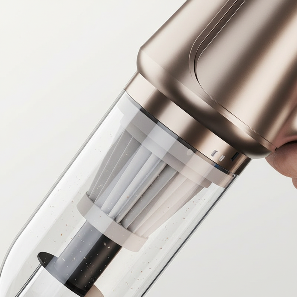Elegant kompakt handdammsugare för snabb hemstädning. Modern design, lätt att förvara & använda hemma.