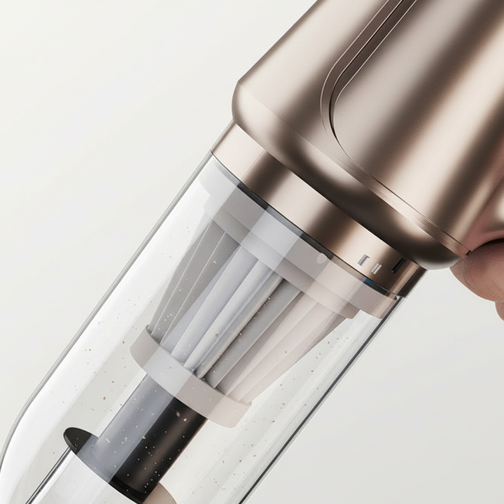 Elegant kompakt handdammsugare för snabb hemstädning. Modern design, lätt att förvara & använda hemma.
