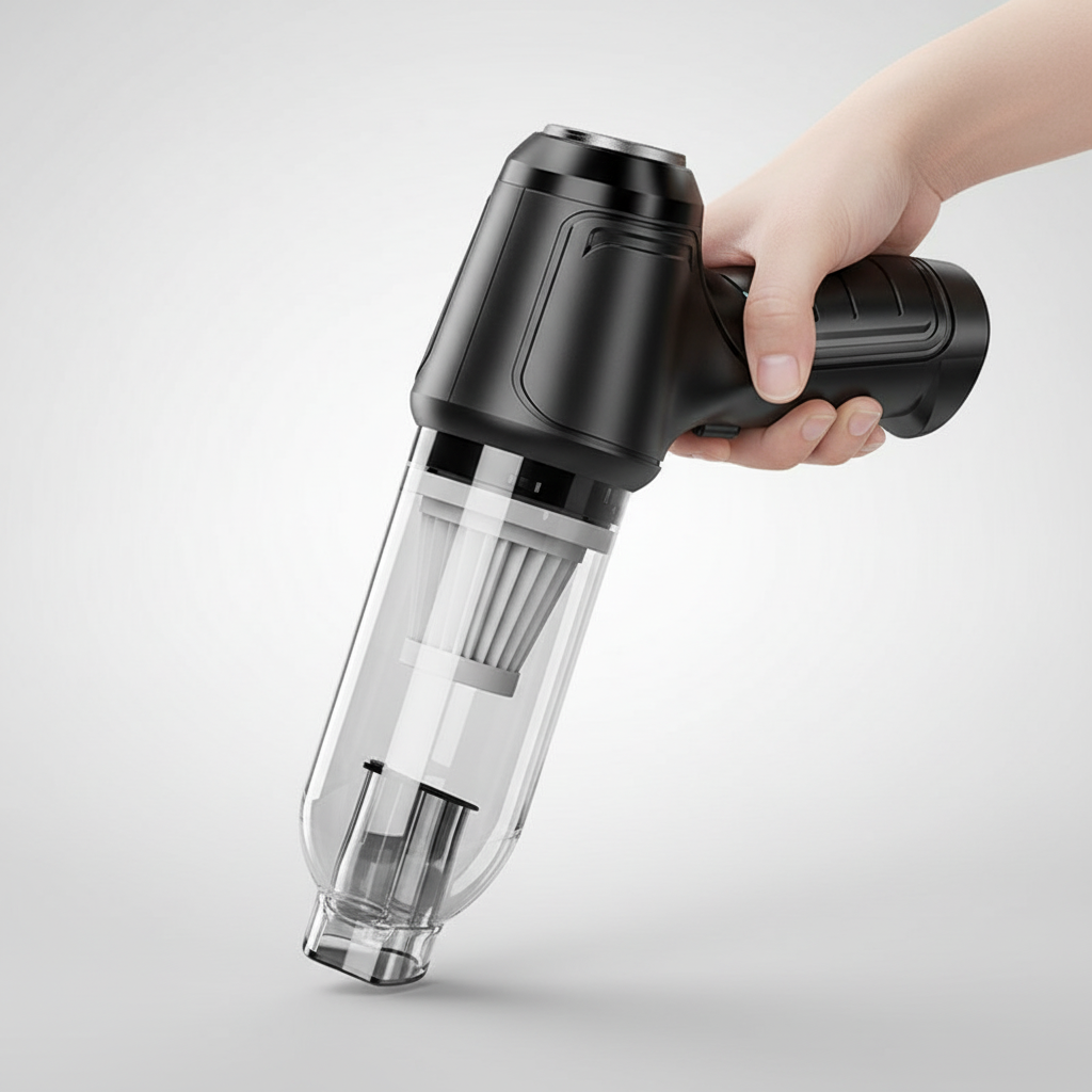 Person använder kompakt trådlös handdammsugare för att städa bilens interiör. Effektiv bilstädning.