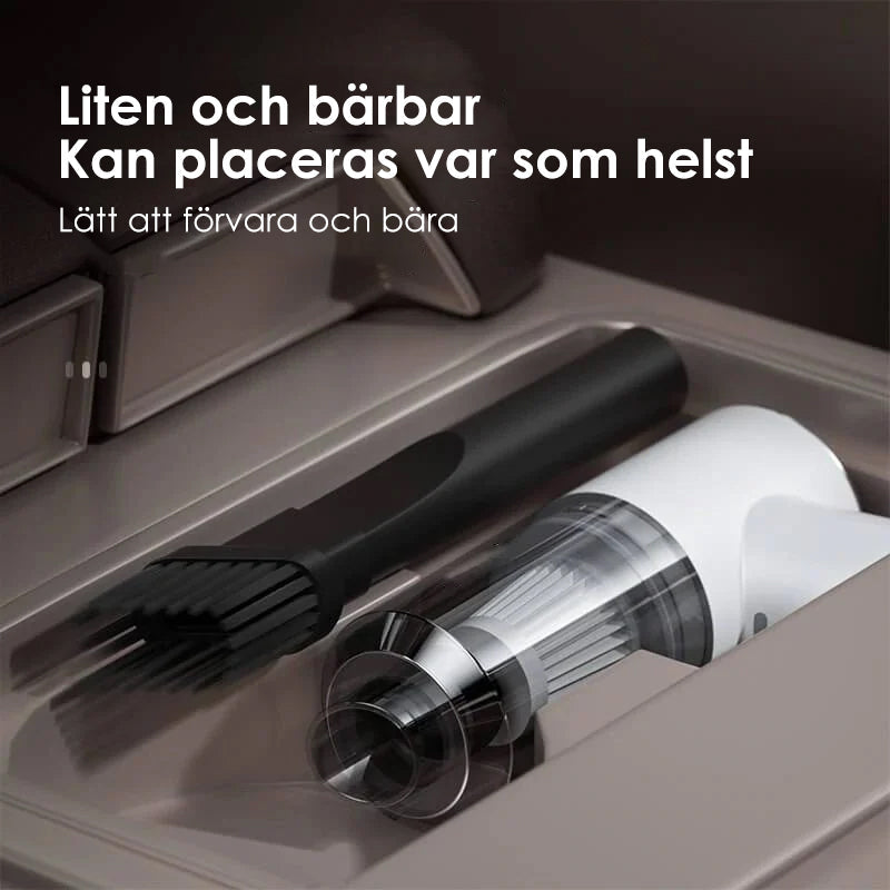 "Kompakt trådlös handhållen bildammsugare i svart för hem och bil, med kraftfull sugkapacitet och enkel hantering."