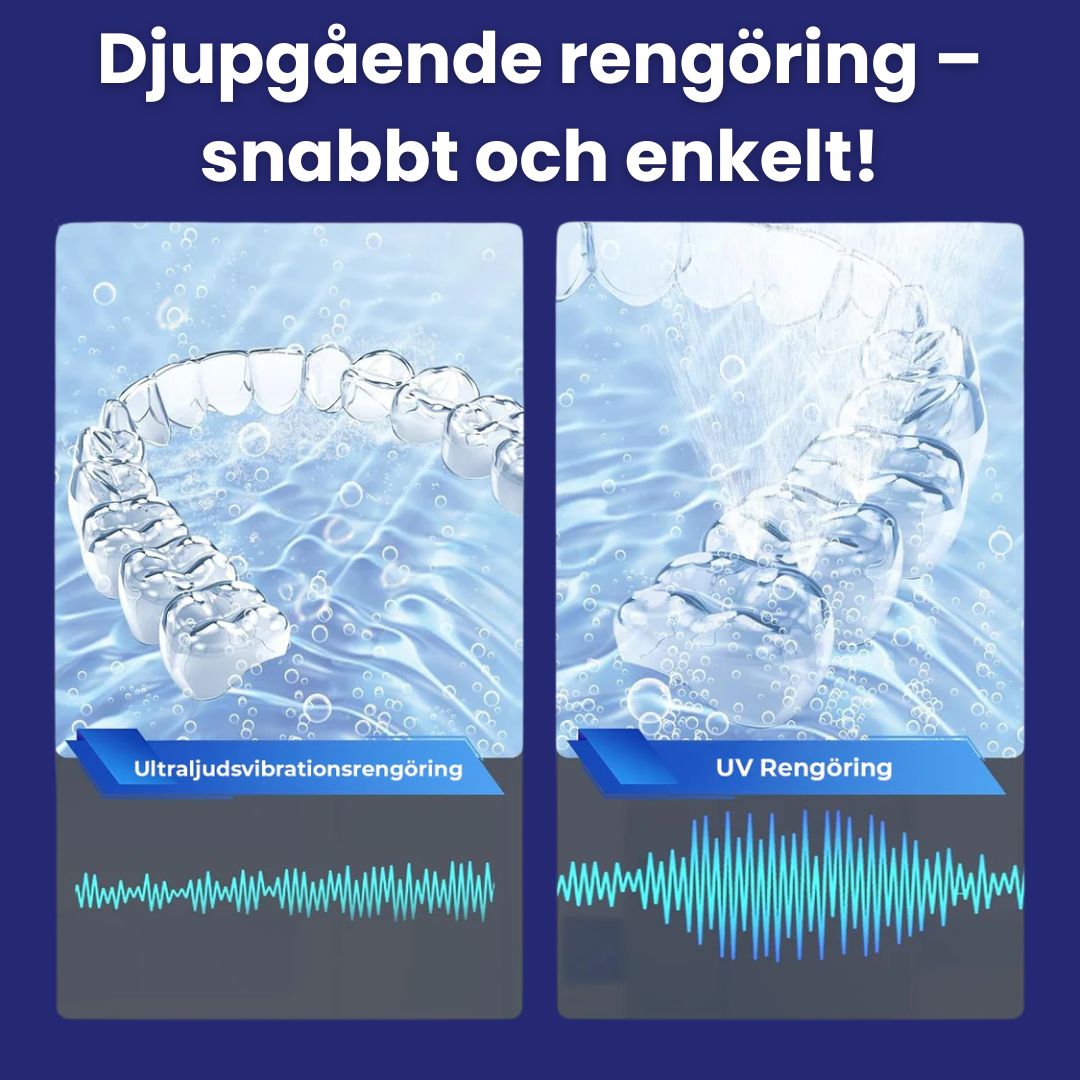 Effektiv ultraljudsrengörare för bettskenor, tandproteser, retainers och munskydd med UV-C desinfektionsteknik.