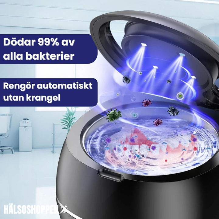 Avancerad ultraljudstvätt för grundlig rengöring och hygien av bettskenor, proteser och munskydd med UV-belysning.